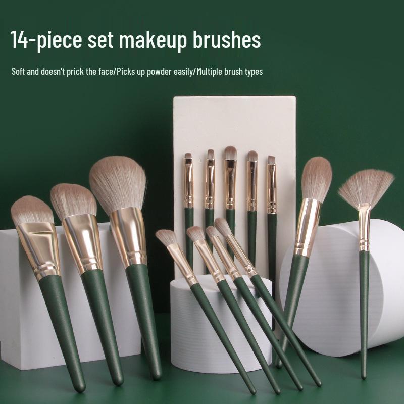 14-Piece Green & Blue Makeup Brush Set - Includes Eyeshadow, Face Brushes, and Portable Case