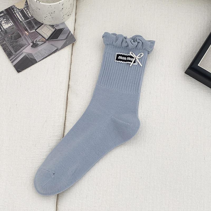 

Miu Miu Style Blue Mid-Calf Cotton Socks with Bow and Lace Ruffle One Size