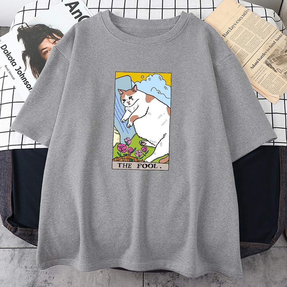 Fool Sad Cat Expression Pack Print Women's T-shirt Clothing Retro Personality Street Top Full Math Short Sleeve T-shirt Women