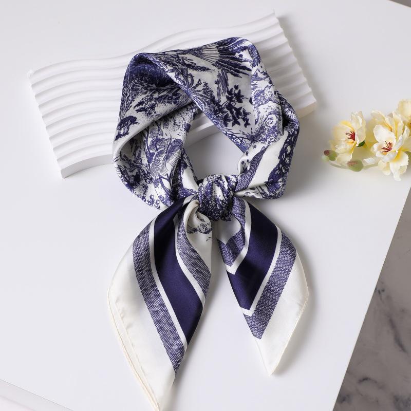 70cm Vintage Korean Style Silk Scarf: Versatile Faux Silk Neckerchief with Vintage Print for Women