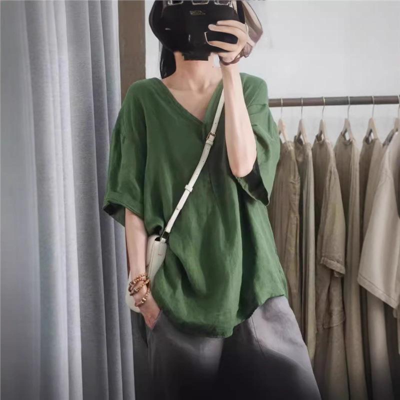 

Plus Size Cotton Linen V-Neck Five-Sleeve Casual Top - Solid Color L белый