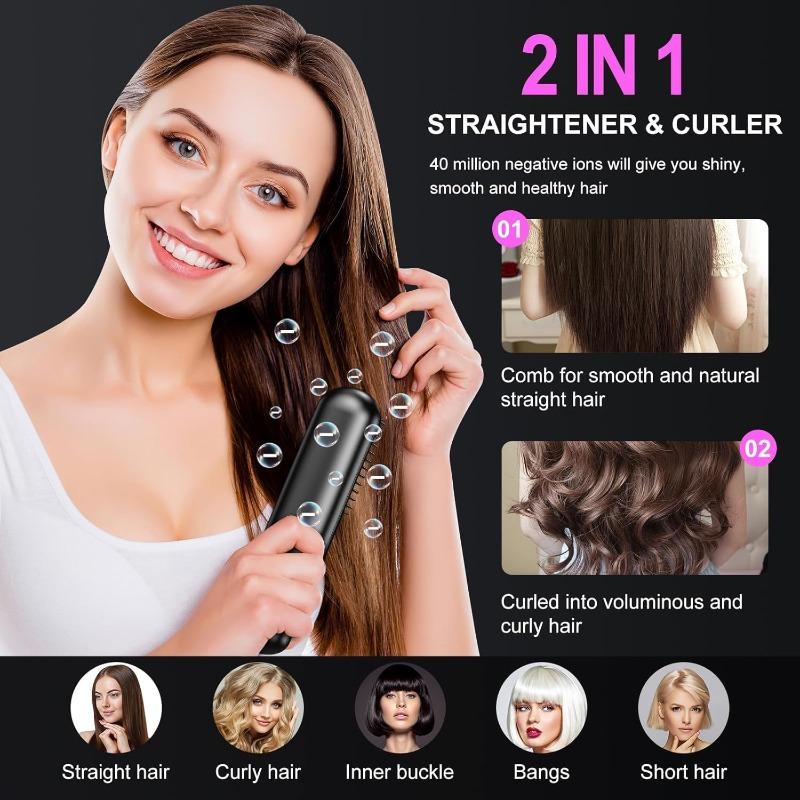 Wireless 2-in-1 Straightening Curling Comb Anti-Scald LED Display USB Rechargeable Portable for Home Travel All Hair Types