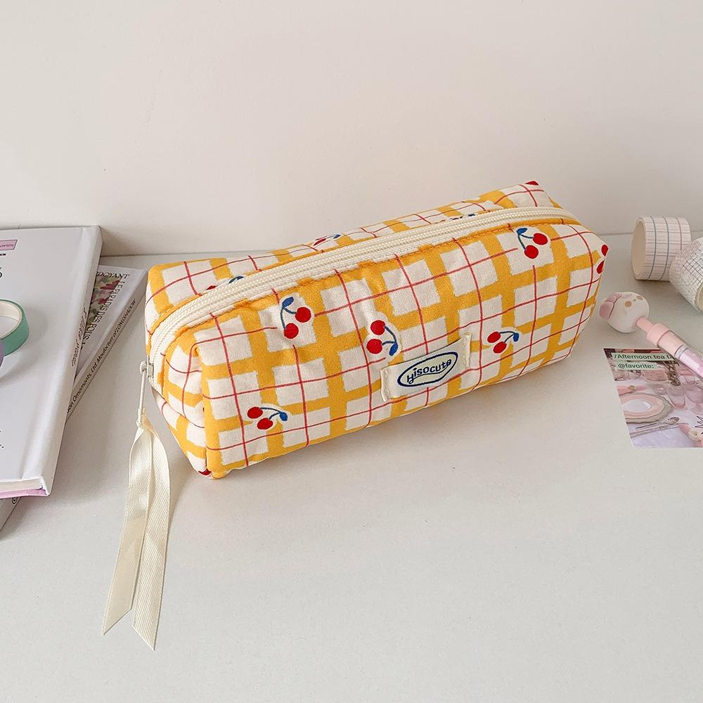 Portable Plaid Cloth Pencil Case Large Capacity Multi-Purpose Stationary Storage Bag Pencil Bag