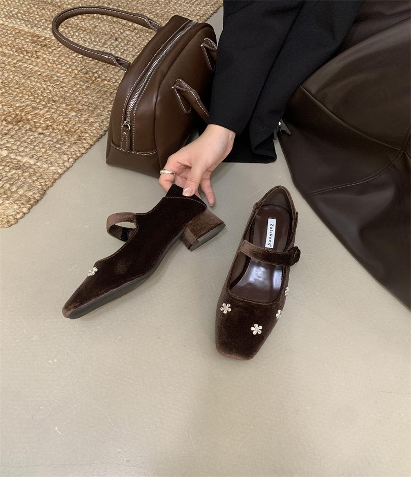 Inner height increase round head suede Mary Jane single shoes women's shoes 2025 new spring and autumn red with skirt evening shoes