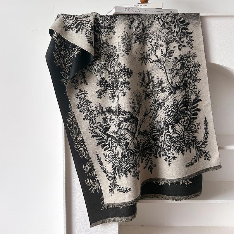 Retro Plants Mori Landscape Scarf Shawl High Sense Women's Imitation Cashmere Warm Scarf Women