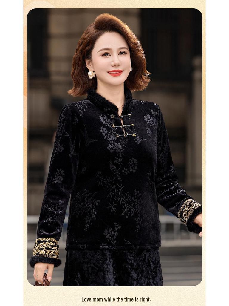 Women's Embroidered Jacquard T-shirt with Frog Button, Plus Velvet, Long Sleeve - New Chinese Style, Autumn/Winter.