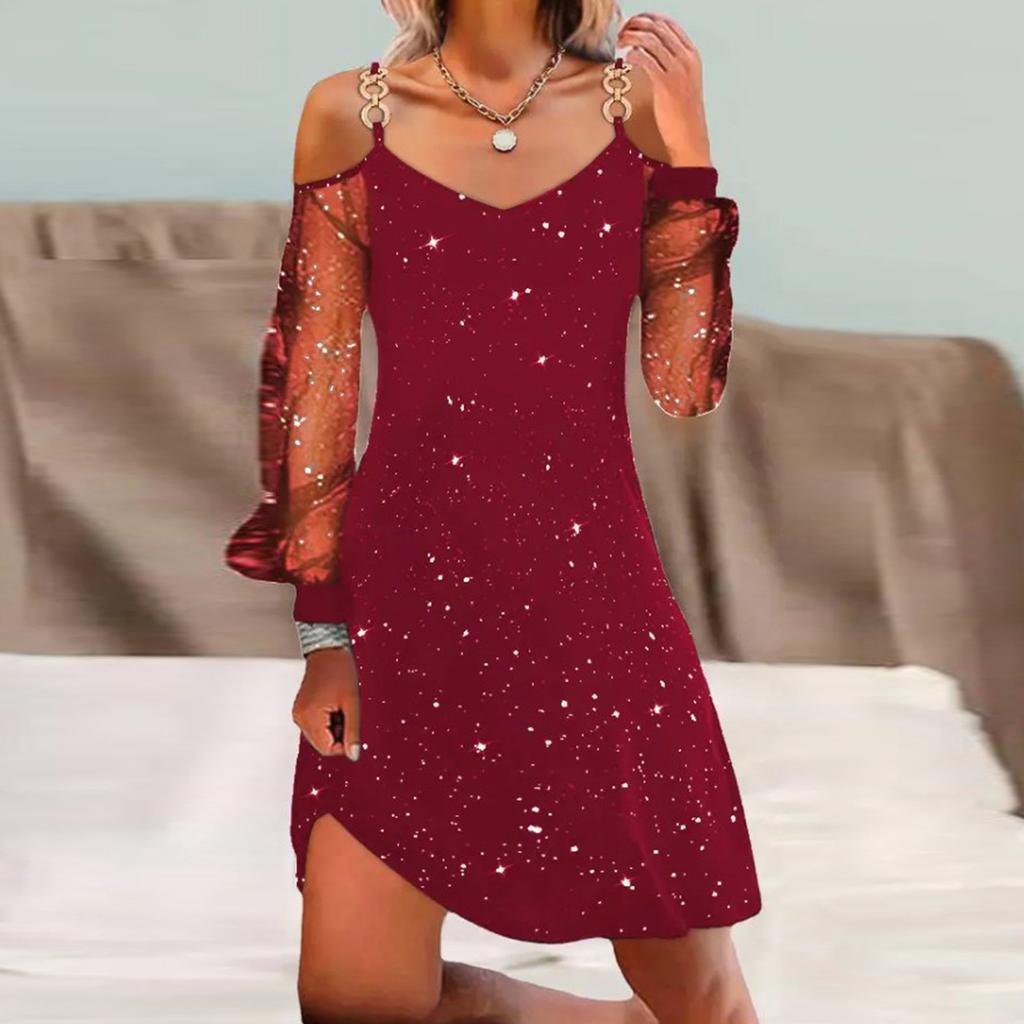 Women's Fashionable Casual Strapless Sexy Mesh Sleeve Long-Sleeve Dress