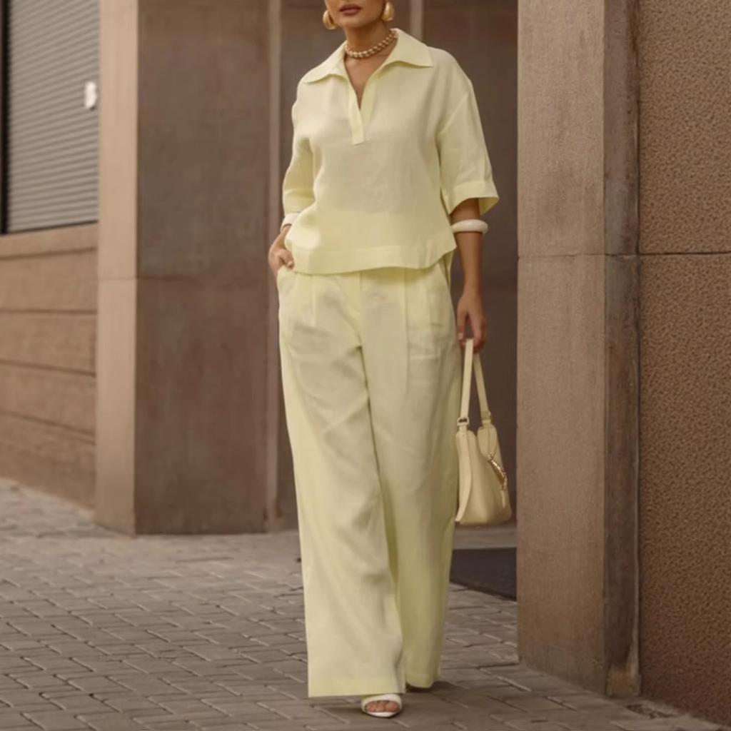 2026 European and American cross-border Amazon independent station spring and summer new solid color set, thin versatile wide-leg pants two-piece set