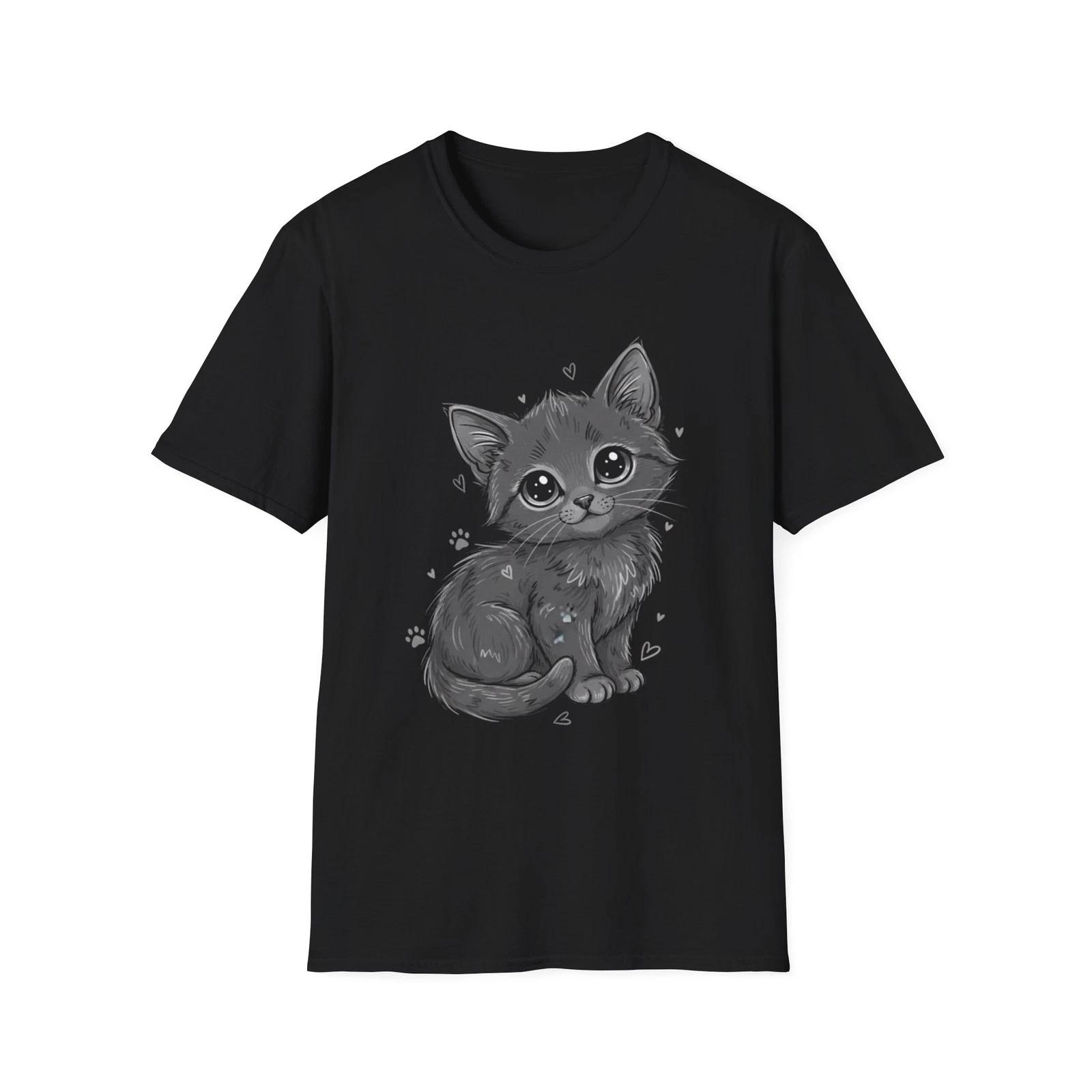 Cute Kawaii Cat Hearts Paw Prints Black Tee Aesthetic Graphic T-Shirt M