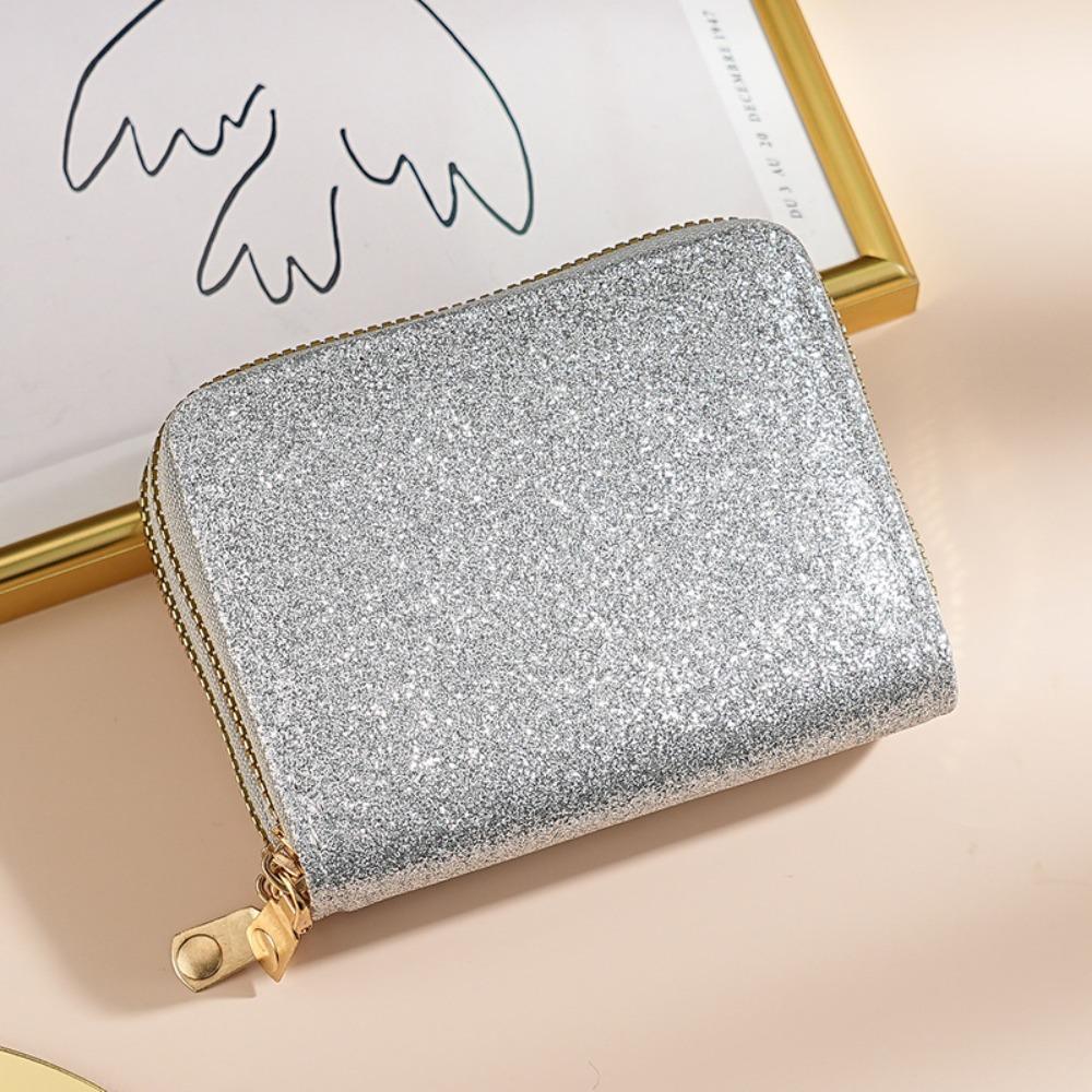 Portable Mini Size PU Wallet Starry Shiny Double Zipper Organ Card Bag Solid Color Multi-card Slot Coin Purse for Women