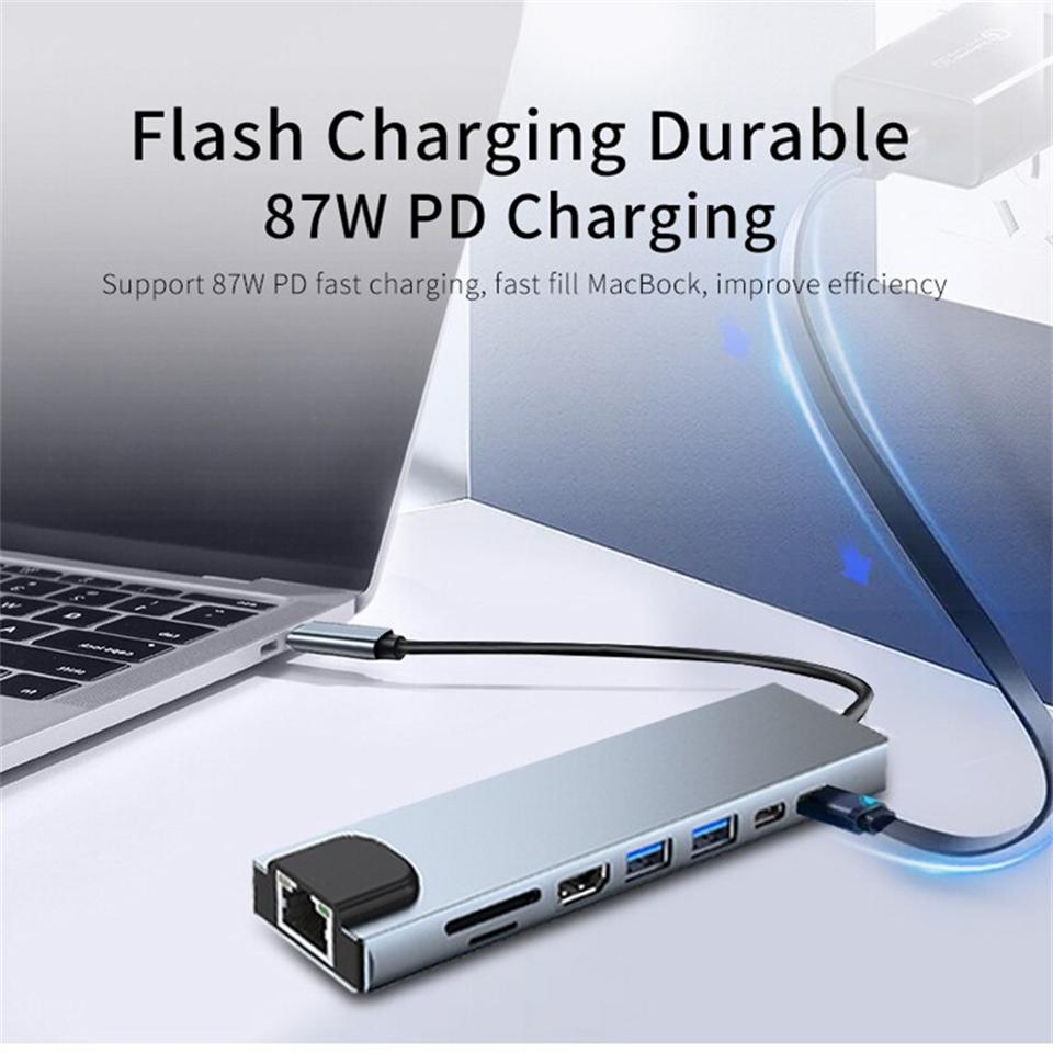 8-in-1 USB-C Hub Typ C Erweiterung HDMI-kompatibler Adapter Laptop-Konverter mit RJ45 SD-Kartenleser PD Schnelllader für Macbook