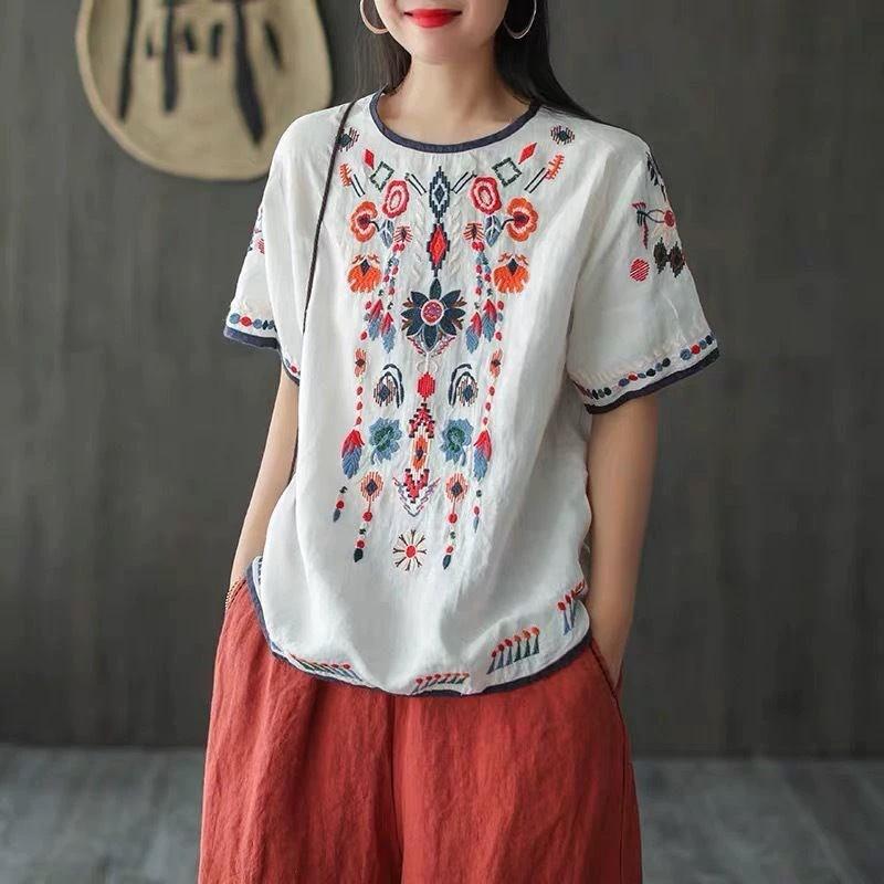 Retro Embroidered Cotton and Linen National Style Plus Size Women's Summer Loose Literary Self-cultivation Ethnic Style Red Linen T-shirt Top