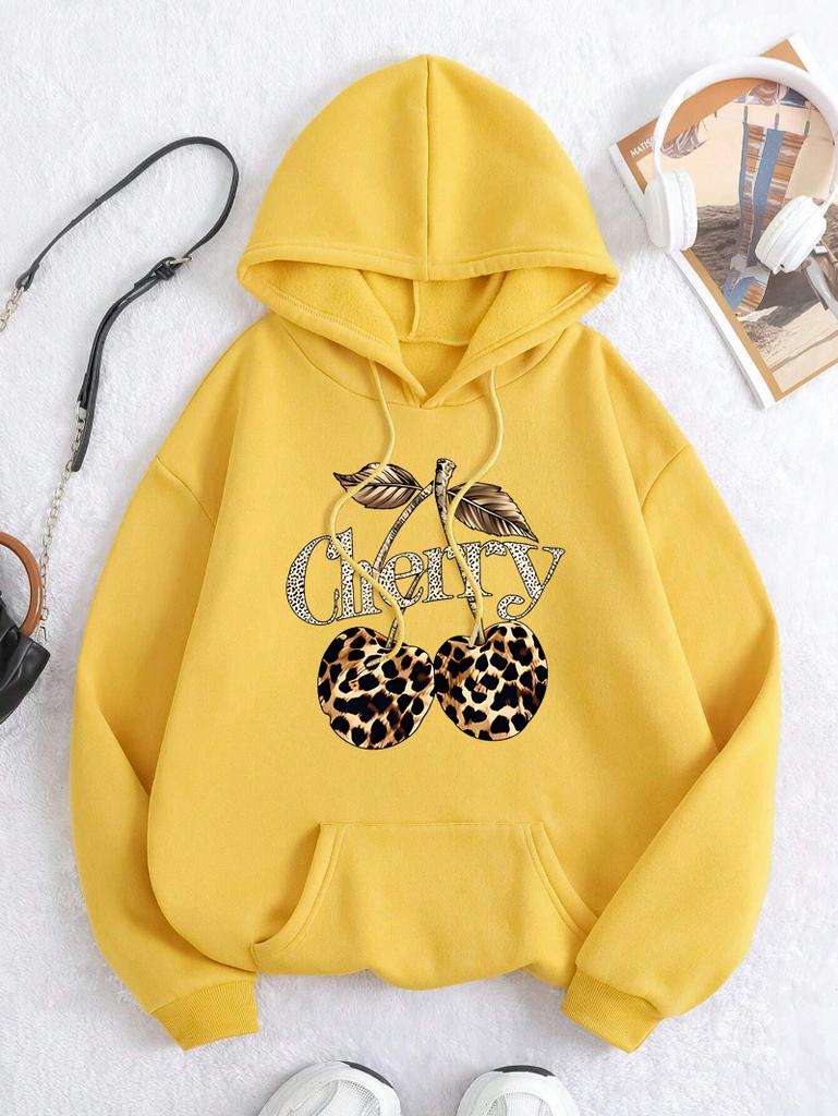 Leopard Cherry Creative Printing Hoodies Women Fleece All-Match Streetwear Y2K Pocket Hoody Autumn Casual Woman Clothing