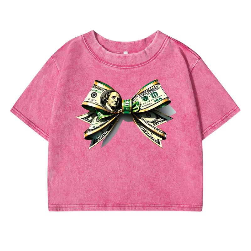 Dollar Bow Pattern Printing Women Washed Short Clothes Fashion Tshirts Street Distress Tops Cool Midriff-Baring T Shirts