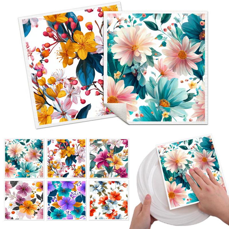 Cleaning Cloth Reusable Kitchen Dish Towels Eco-friendly Microfiber Retro Oil Painting Flowers Print Dishcloths Lint Free Washable Rags Tea Towels