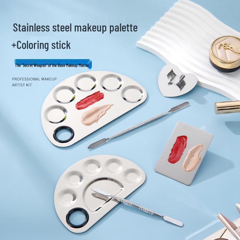 Stainless Steel Makeup Mixing Palette with Ring and Spatula