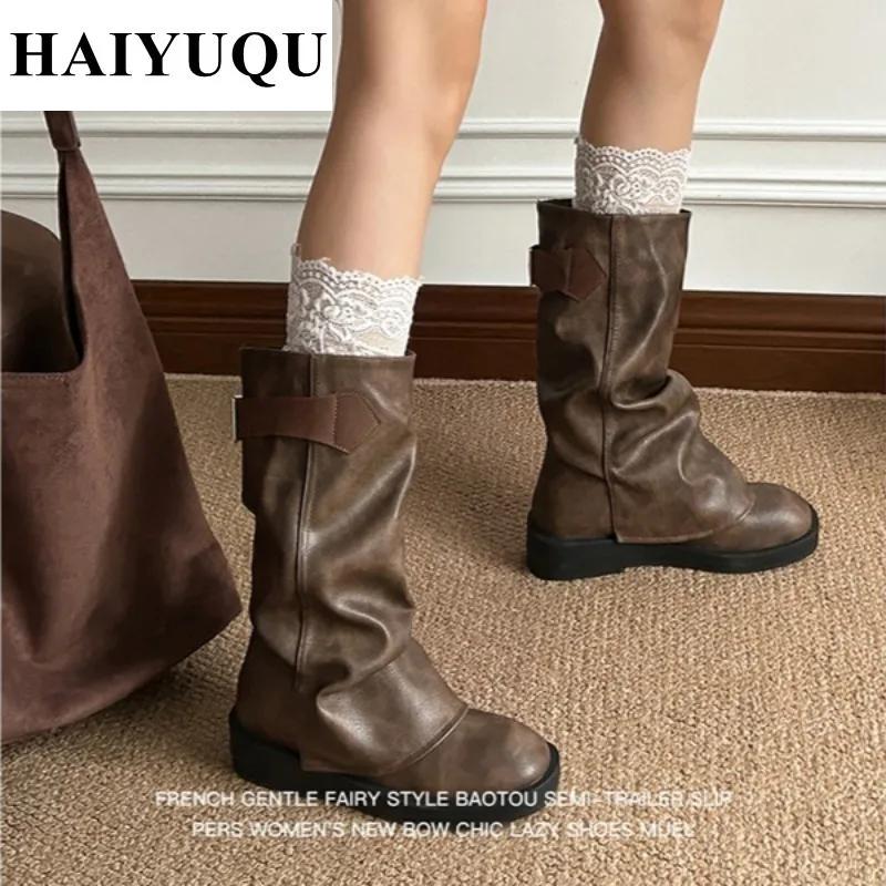 Ploché Platforma Dámské Kozačky do Poloviny Lýtka Robustní Podpatky Kožené Goth Boty Trend Zimní Dámské Teplé Kotníkové Sněhule Mujer Zapatos