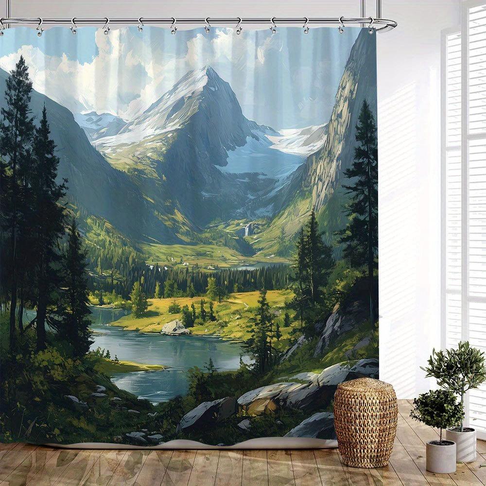 

1Pc Alpine Village Shower Curtain - Snow-Capped Peaks, Mirror Lake & Pine Trees Design, 70.86X70.86 Inches, 12 Hooks, Machine W60H190(CM)-1 Pcs