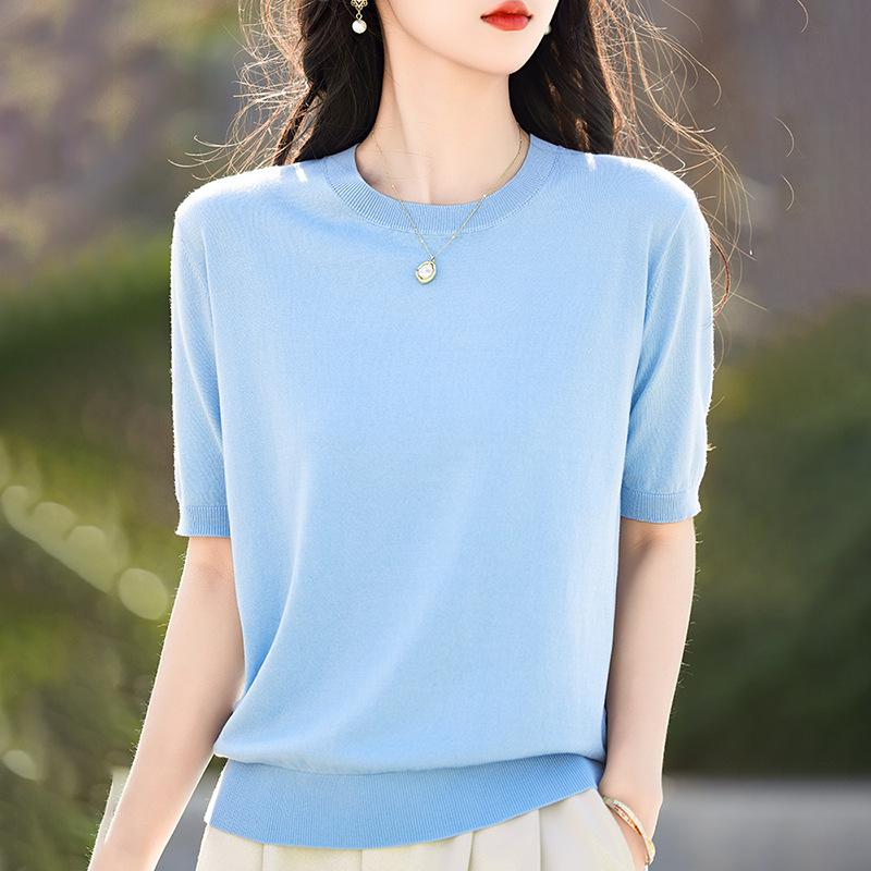 

Женская летняя футболка из лиоцелла тонкой вязки с круглым вырезом - Облегающий крой, Однотонная, Топ с коротким рукавом Large