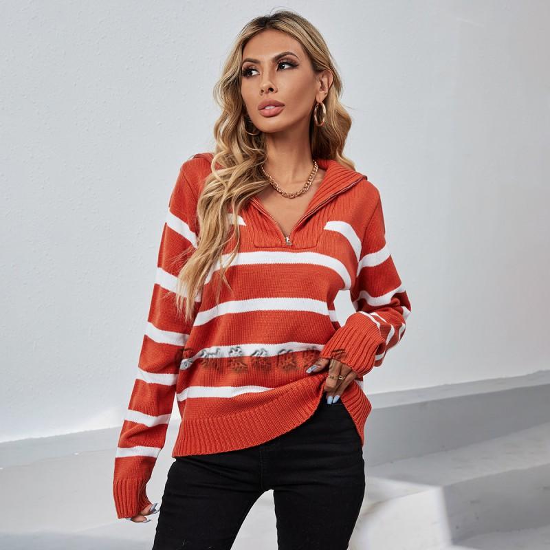 Womens High Neck Striped Knit Sweater With Zipper Front Loose Fit Long Sleeve Pullover Winter Office Wear