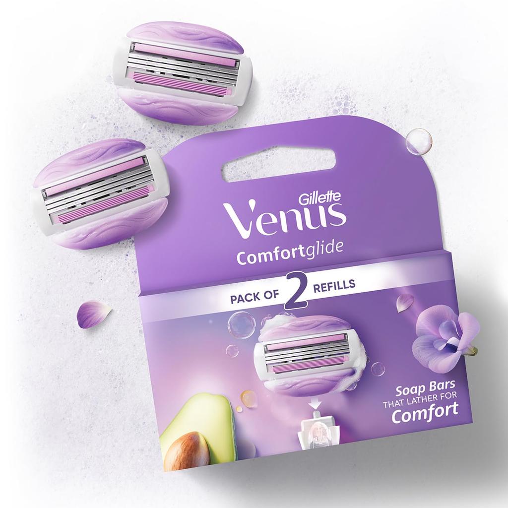 Gillette Venus Comfortglide Hair Removal Razor Blades/Refills/Cartridges for Women - 2 Pieces (Avocado Oils & Freesia scent soap gel bars)
