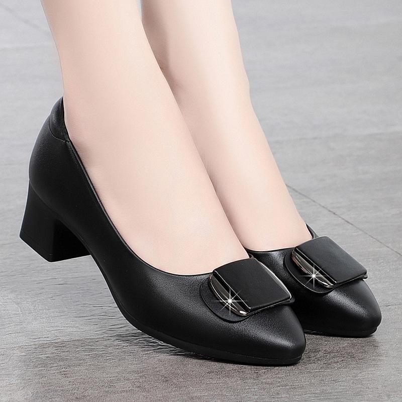 Pointed Toe Shallow Mouth Fashionable Genuine Leather Soft Sole Solid Color Thick Heel Fashionable Square Buckle Versatile Women's Shoes