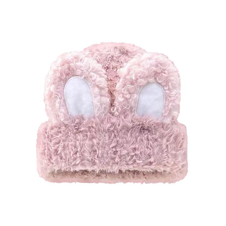 Cute rabbit ear hat white plush autumn and winter warm knitted wool hat women's plush bag head cold hat