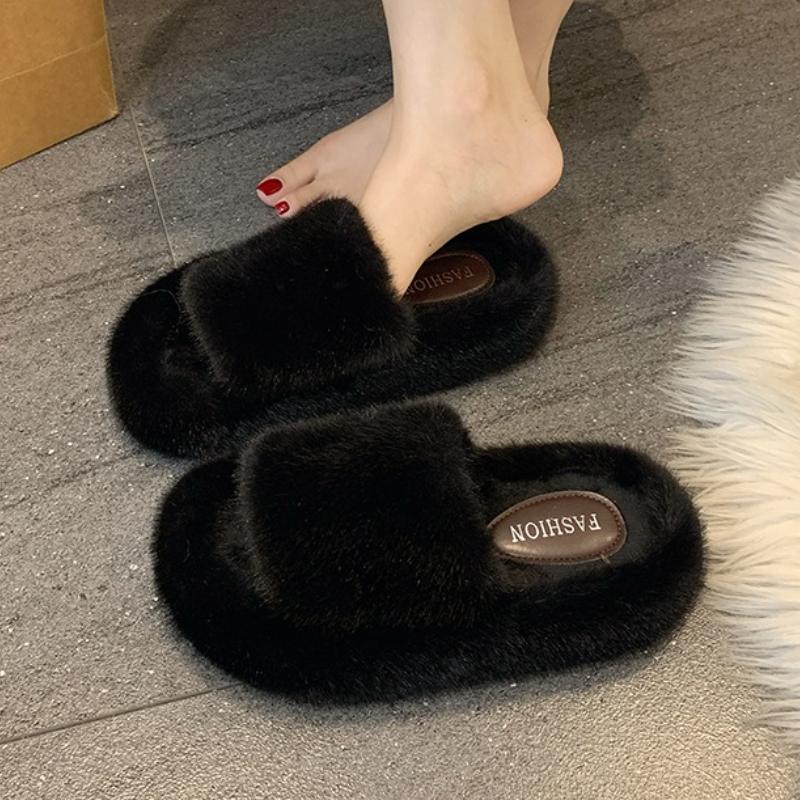 Women Fur Slippers Flats Platform Shoes Short Plush Casual Open Toe Flip Flops 2025 Winter New Slingback Slides Zapatos