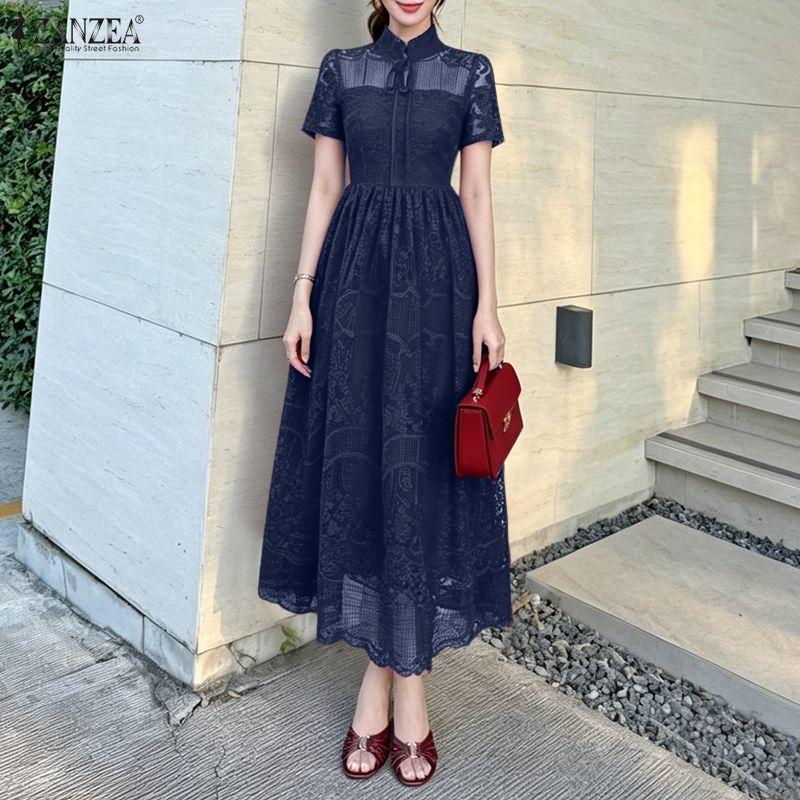 ZANZEA Women Elegant Hollow Lace Patchwork Casual Short Sleeve Dress