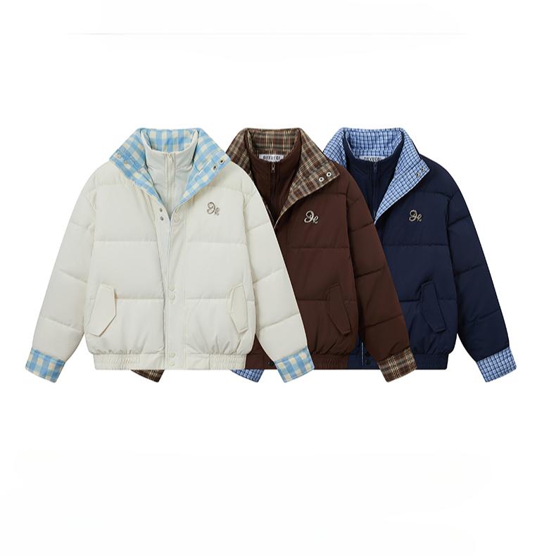 Winter Loose Plaid Patchwork Cotton Coat Women Double Layer Collar Puffer Jacket