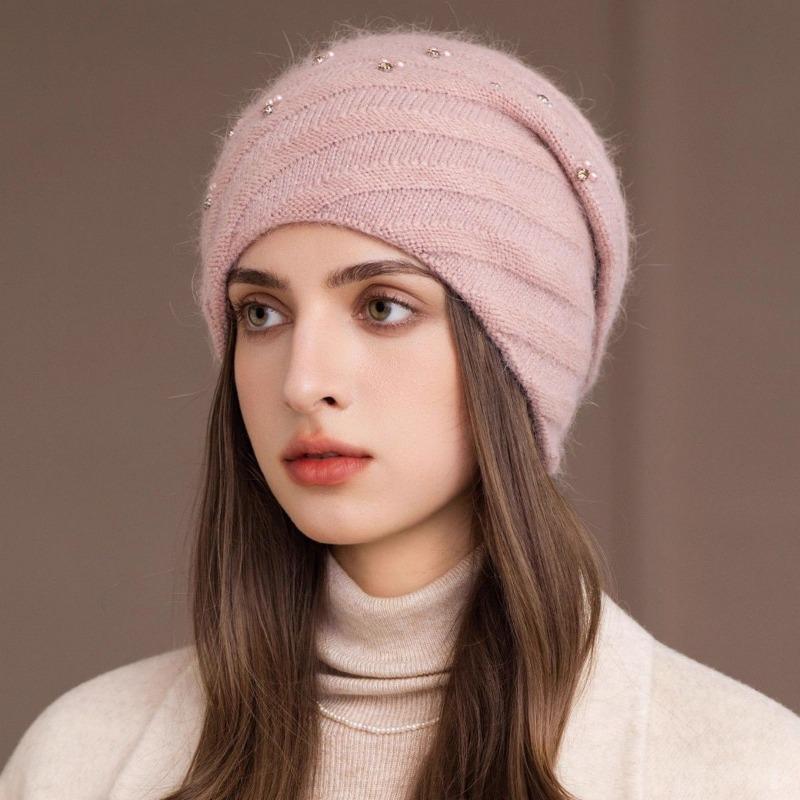 Women S Double Layer Knit Hat Warm Winter Beanie Pearl Glitter Rabbit Hair Blend