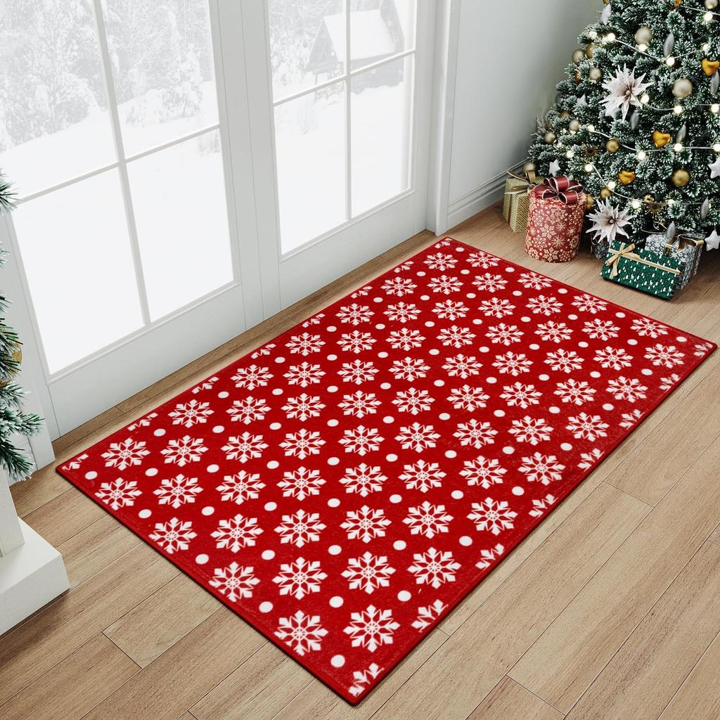 Christmas Large Area Rug Living Room Rug Machine Washable Rugs Low Pile Carpet Indoor Door Mat Red/White Non-Slip Snowflake Rug