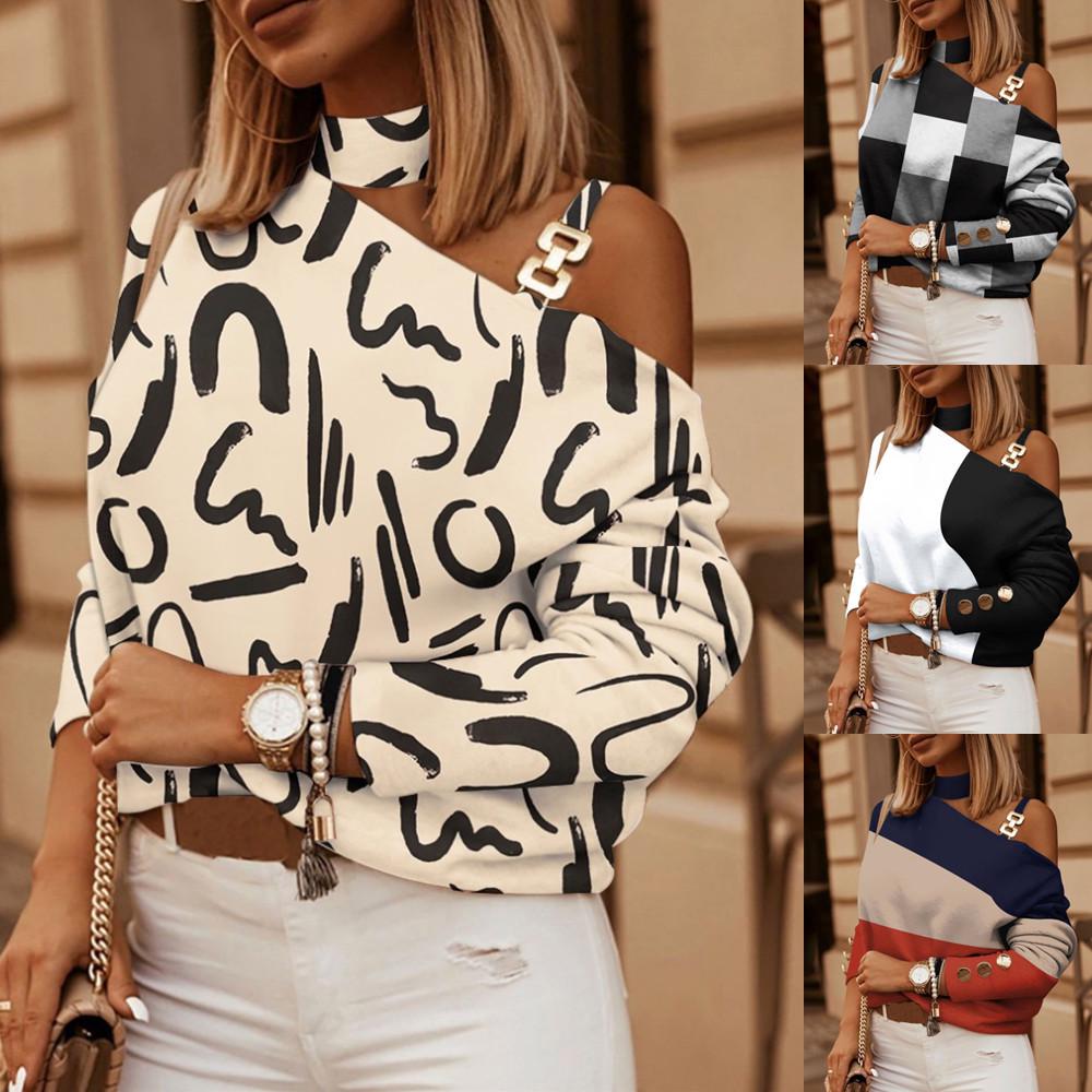 2023 Chain Halterneck Print Long Sleeve Top - Women's Autumn/Winter Collection