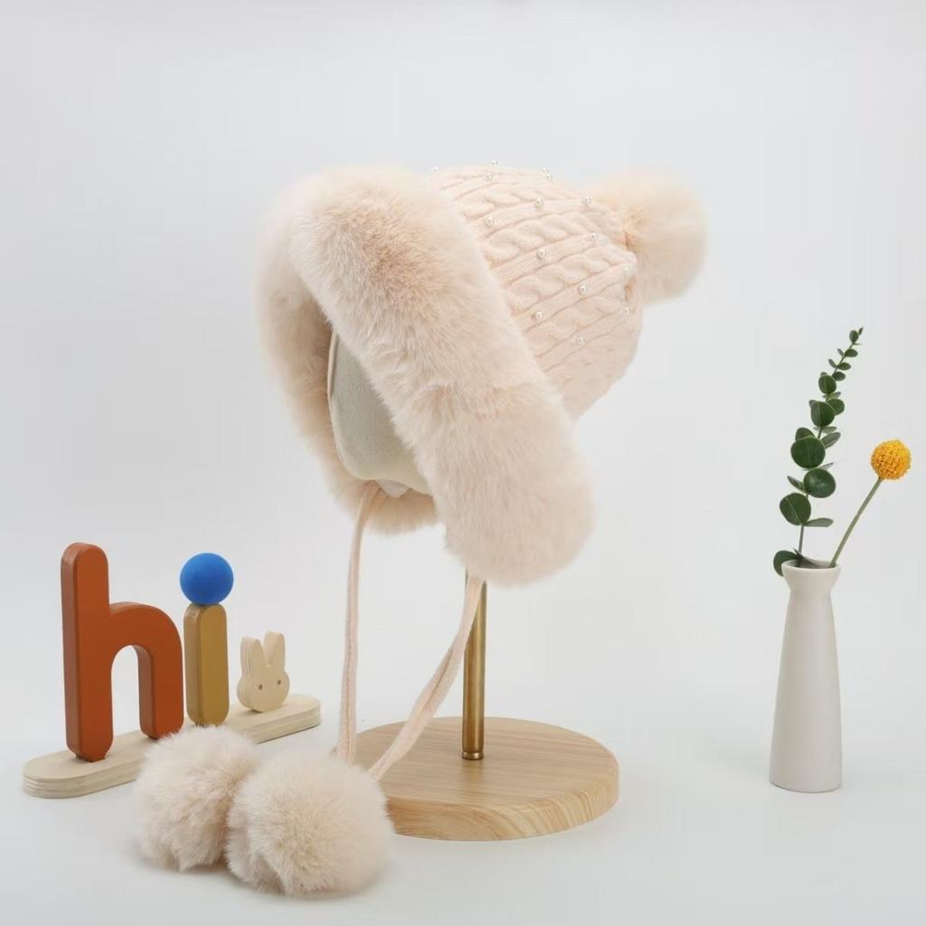 Winter New Women's Cotton Cashmere Pullover Hat Three Hair Ball Pearl Velvet Thickened Cold-proof and Warm Knitted Hat