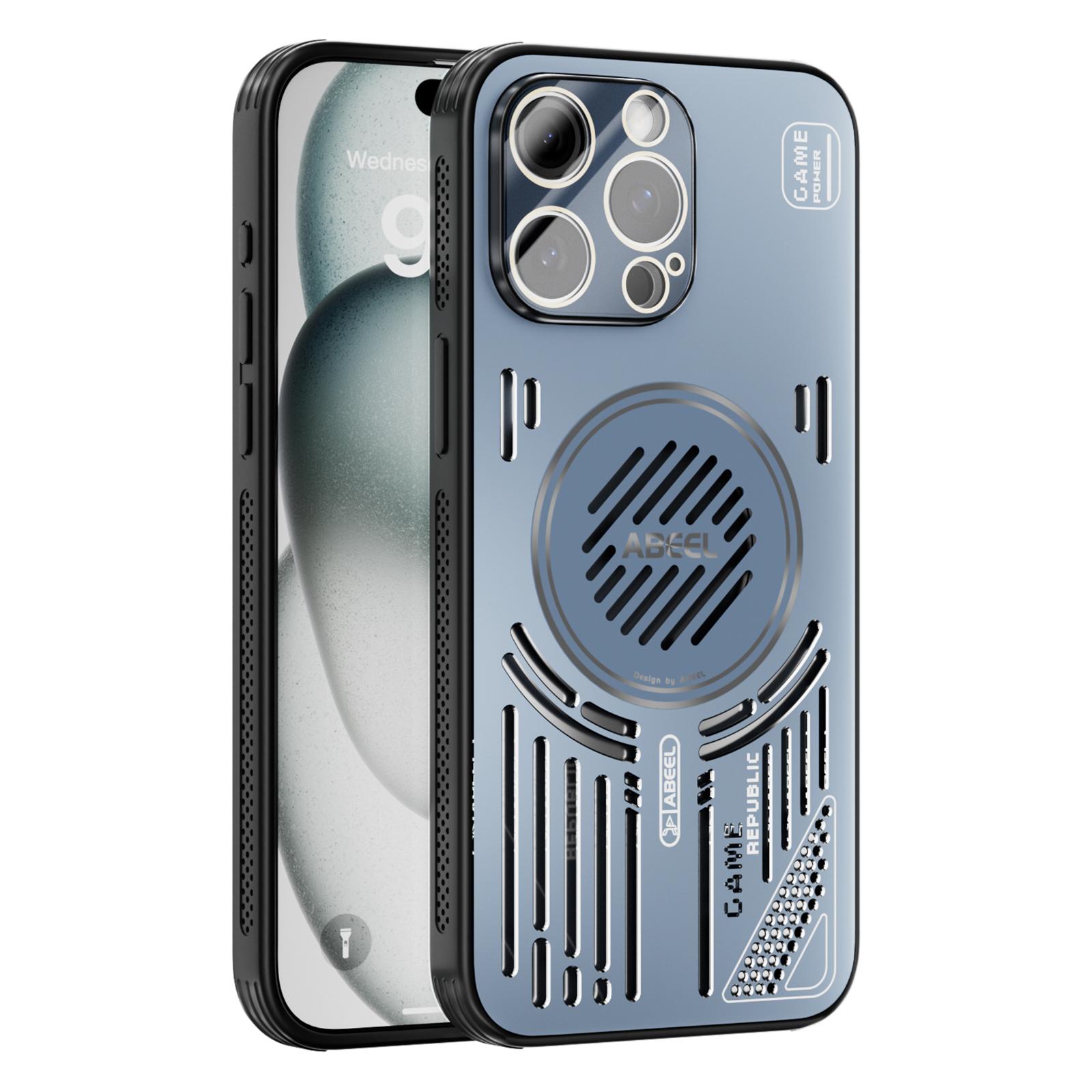 

For iPhone 15 Pro Max Magnetic Case Aluminium Alloy+PC+TPU Hollow Heat Dissipation Phone Cover Blue