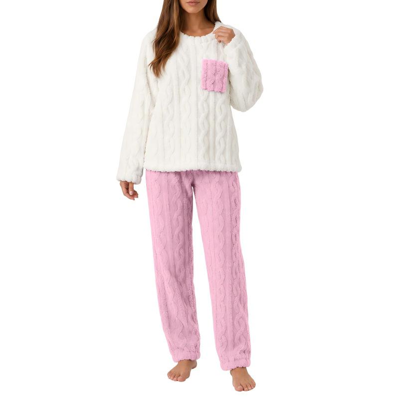 Women's Coral Fleece Jacquard Pajama Set - Thick Velvet, Warm Casual Loungewear for Couples, Autumn/Winter 