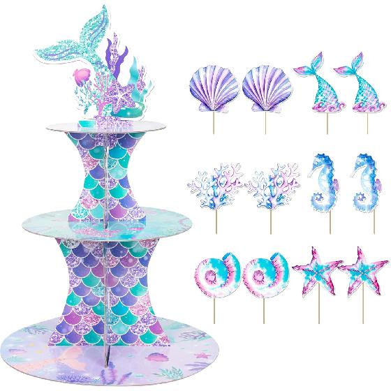 3 Tier Cupcake Stand with Mermaid Theme Cake Toppers, Dessert Tower Holder for Birthday Decoration Mermaid