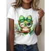 Womens Cute Owl Spring Floral Print Tee Round Neck Short Sleeve Green Bow Decor Breathable Machine Washable Comfort Fit Elegant Casual Spring