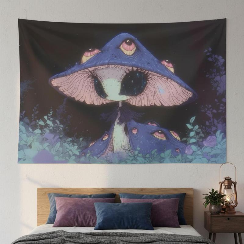 psychedelic multi eyed mushroom tapestry, dark fantasy aesthetic wall hanging anime, Bohemian Home Decoration 100X70CM