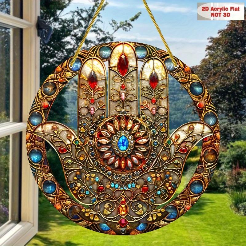 

2D Flat Bohemian Acrylic Hamsa Hand Decoration Sign, Colorful Painted Effect, Home Decor Plaque Hanging Wall Art Decorative Garden Decoration for Room 20*20cm