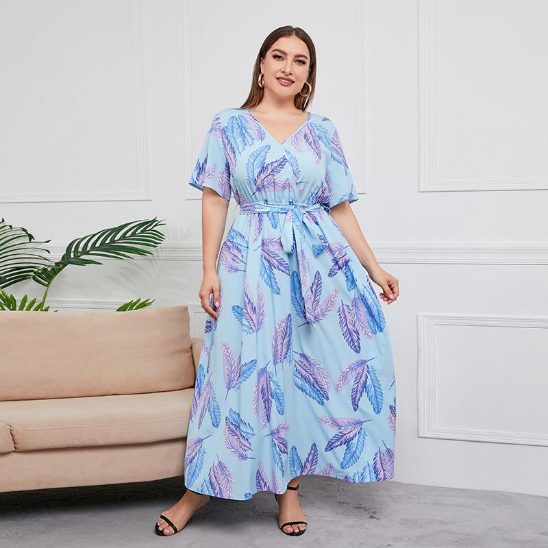 Summer Women's Dress Short Sleeve High Waist V-neck MIDI Dress Plus Size Temperament Printed Sexy Dress