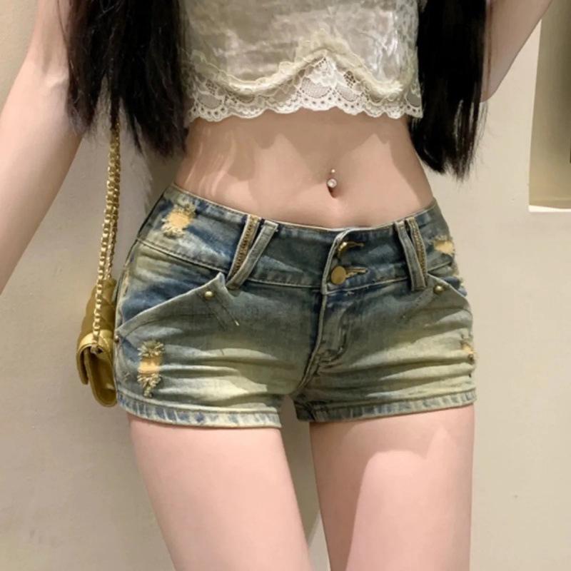 2025 Summer Women's Spicy Girl Embroidered Ripped Denim Shorts: Low-Waist, Slimming, Hip-Hugging