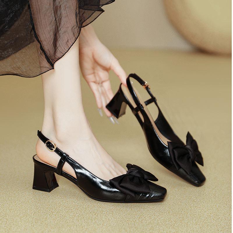 French bow one-word buckle with high heels thick heel this year's new bag head sandals summer square head empty single shoes