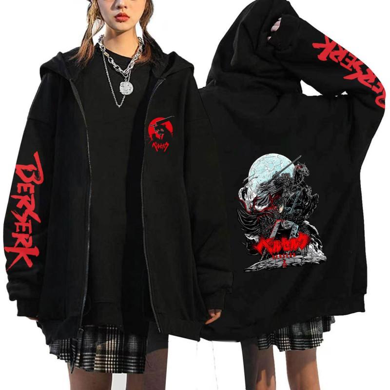 Berserk Anime Hooded Zip-Up Sweatshirt Men Oversized Fleece-Lined Pullover With Drawstring Cap Side Pockets