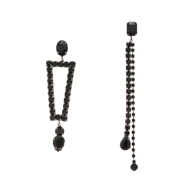 Dark Style Rhinestone Tassel Silver Earrings: Elegant Asymmetric Geometric Design for Women