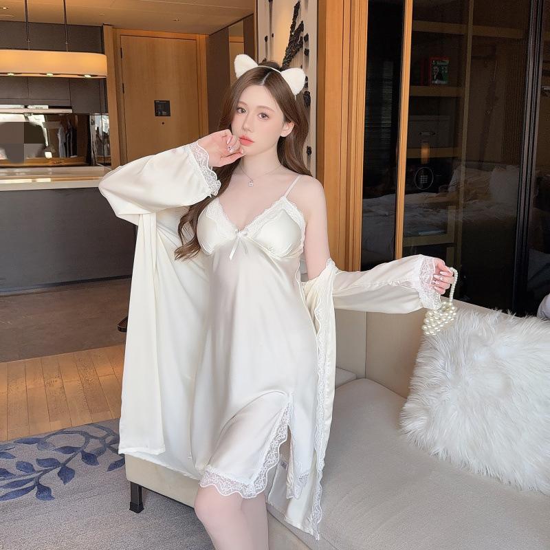 Moonlight Variations Shu Solid Color Pajamas Women's Chest Pad Ice Silk Suspender Pajama Two-piece Set Pure Desire Skirt and Robe Set