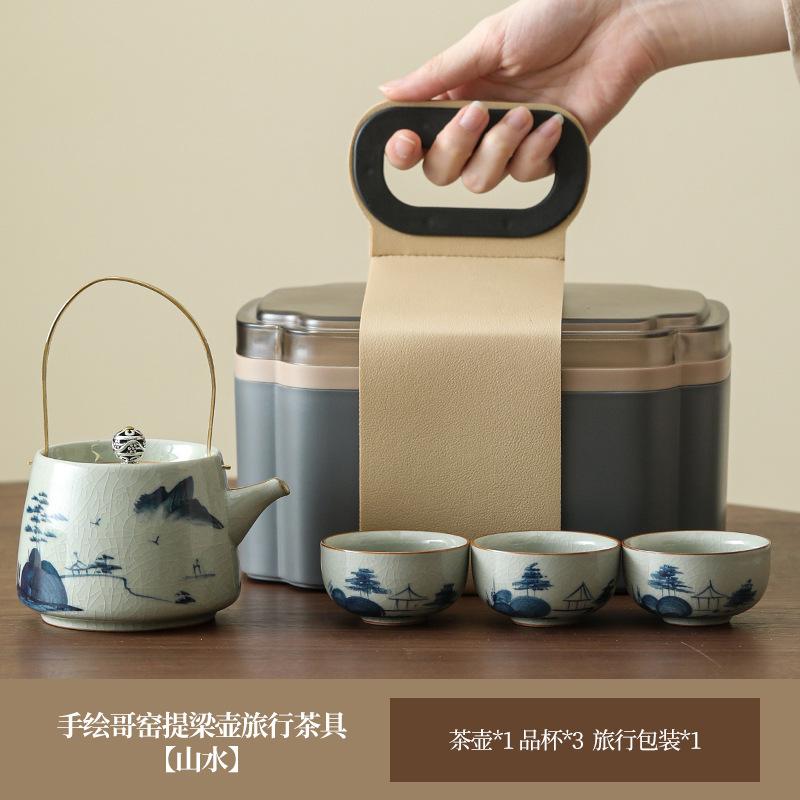 Hand-Painted Teapot, One Pot, Three Cups, Ge Kiln Ice Crack Glaze, Ceramic Kung Fu Tea Set, High-End Travel Storage Gift Box