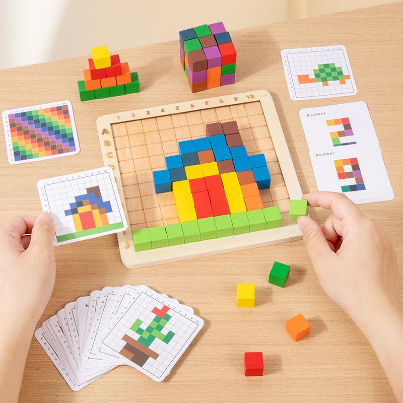 Wooden preschool color cube building block math teaching aids, three-dimensional geometric shape early education counting educational toys