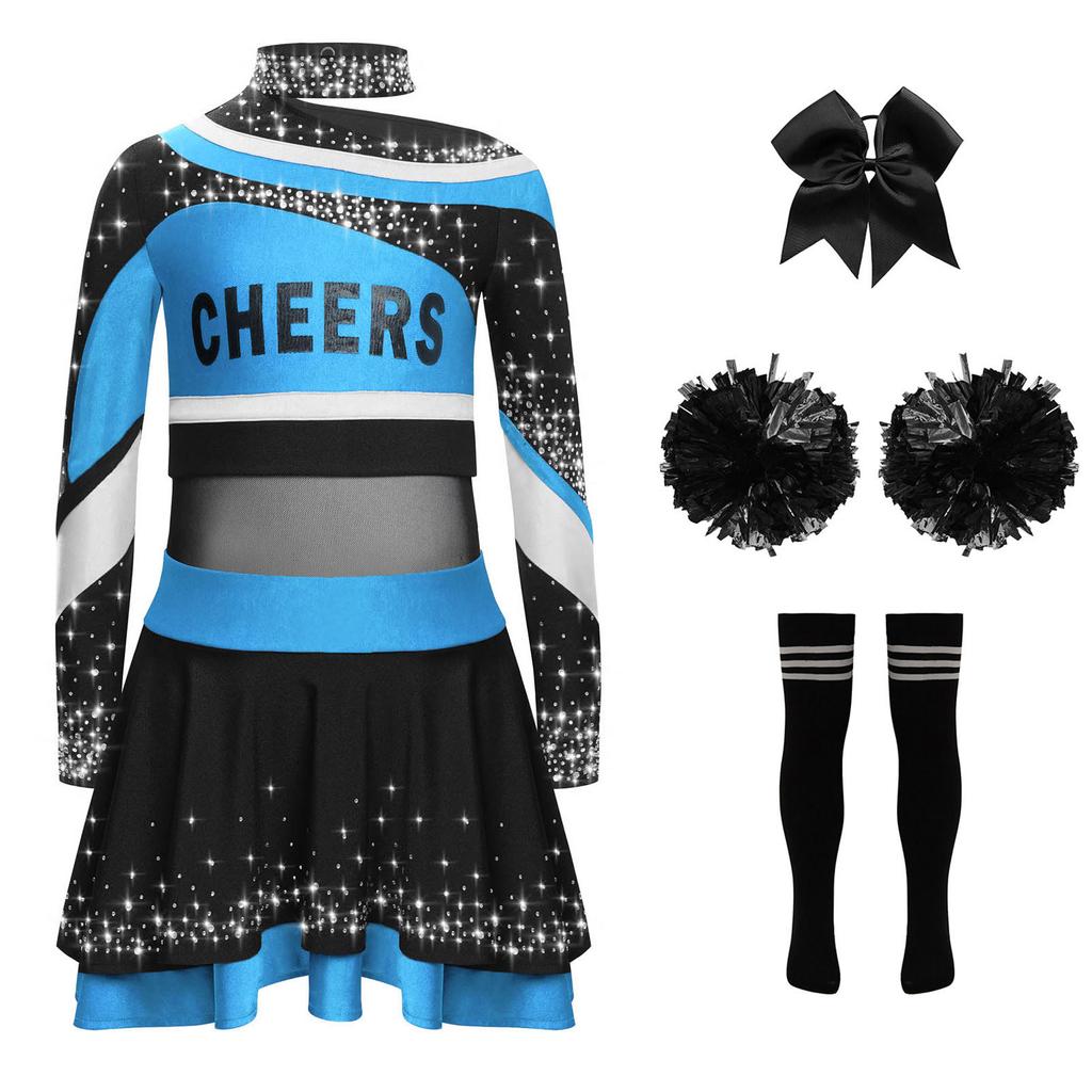 Girls Cheerleading Costume Set Long Sleeve Rhinestone Letter Print Color Block Top Skirt Bowknot Headband Striped Socks Pom Poms