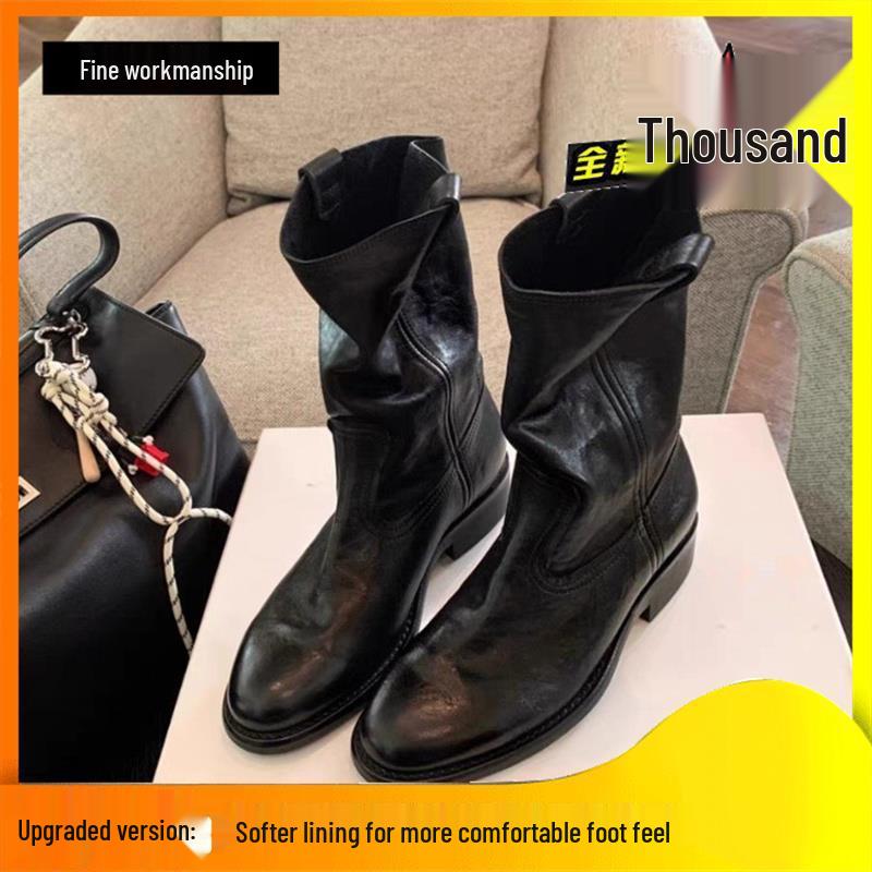 Women's 2025 Autumn/Winter Retro Western V-Cut Round Toe Mid-Calf Chunky Heel Boots